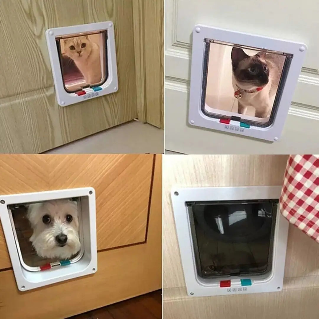 White rectangular XL pet door with clear plastic window and red and blue sliding locking magnetic flap for dogs and cats