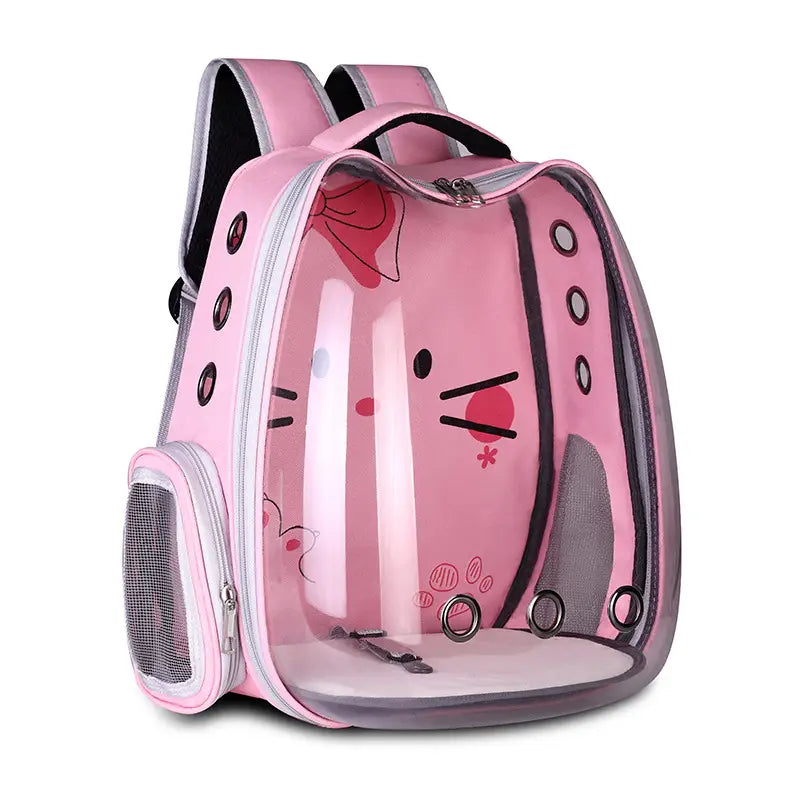 Pink transparent breathable cat backpack carrier featuring a hello kitty face design and mesh side pockets.
