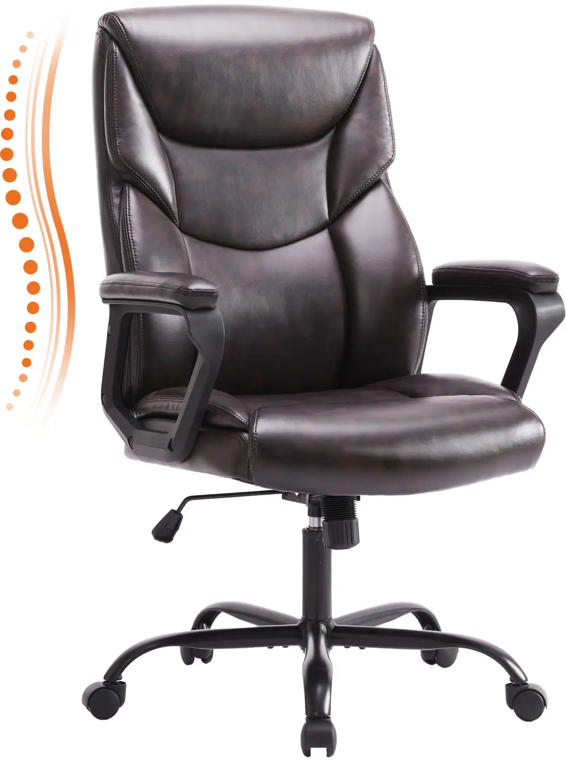 Silla de oficina ergonómica de polipiel color marrón oscuro con respaldo alto y apoyabrazos abatibles, diseñada para uso en oficina.