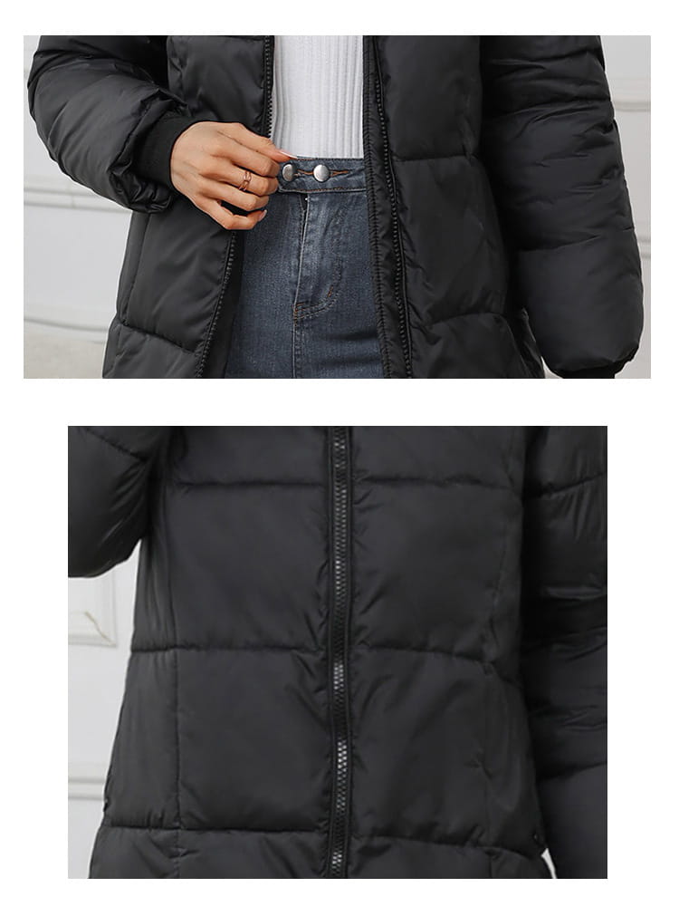 Black puffer coat with quilted panels and a central zipper made of cotton for women hooded padded winter jacket.