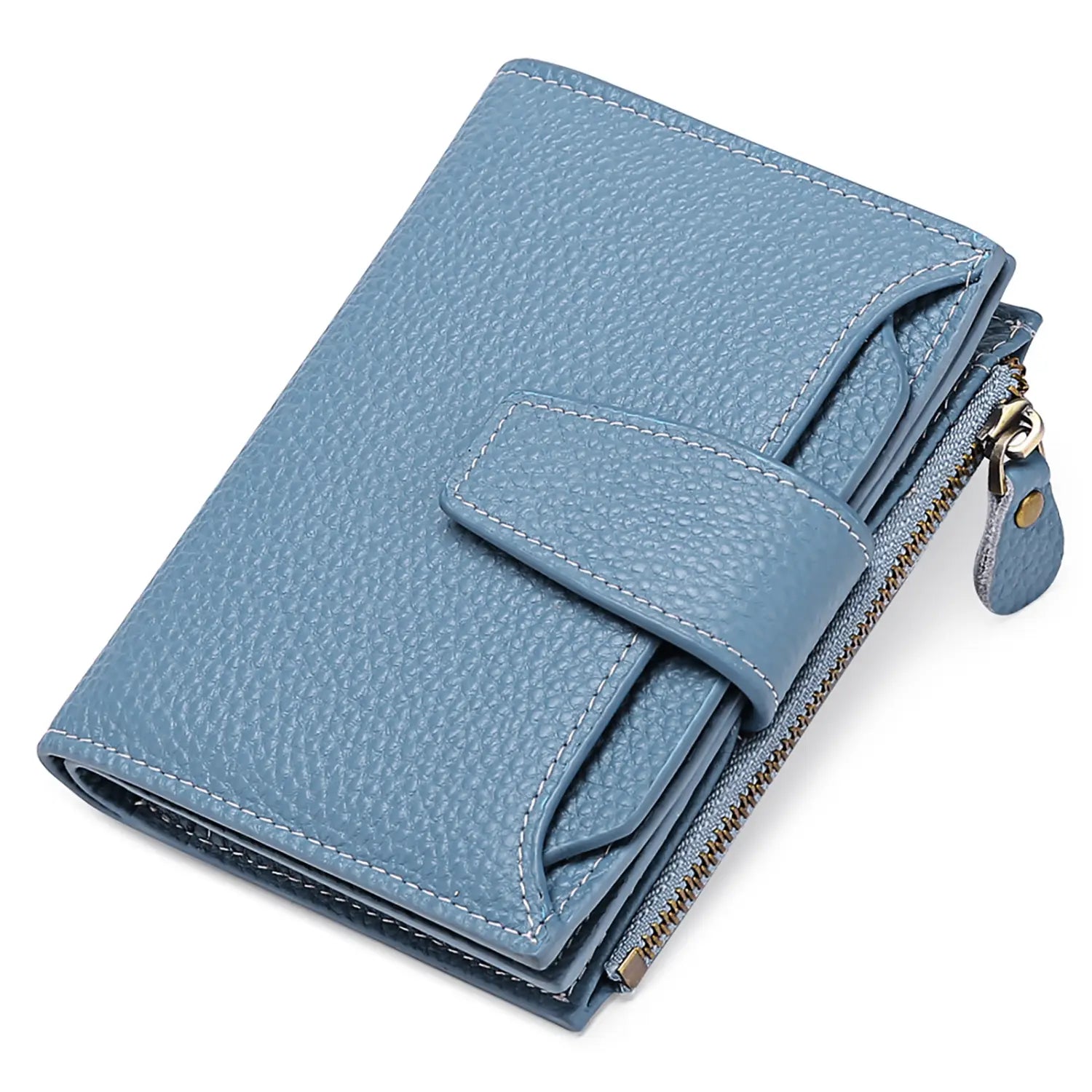 A light blue textured milled cowhide leather short wallet for women with flap closure and zipper compartment.