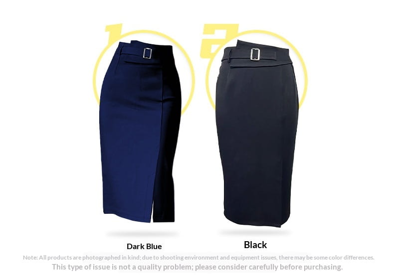 dark blue and black high waisted pencil skirts with silver-toned belt buckles designed for a sleek and professional look