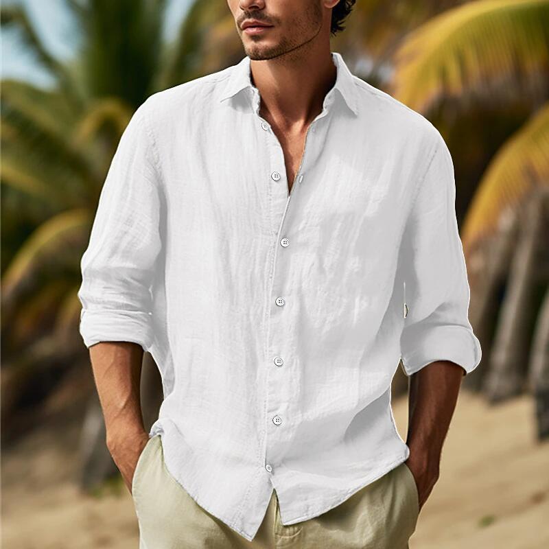 Men’s relaxed fit cotton linen long sleeve shirt in white linen with rolled-up sleeves and a classic collar.