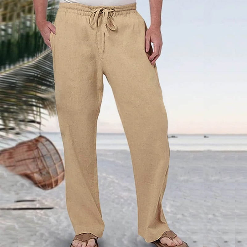 Beige linen straight leg casual pants for men with a drawstring waistband and side pockets.