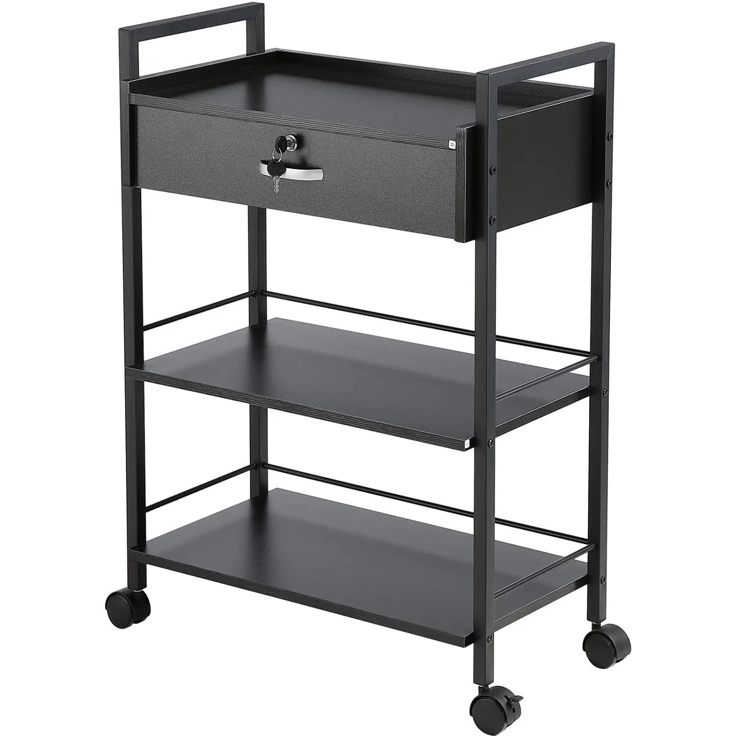 Black metal 3 tier salon trolley with lockable drawer and four caster wheels for easy mobility.