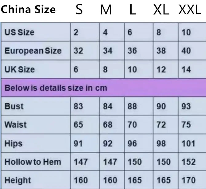 Size chart for a black sequined halter neck evening gown with high slit showing measurements in centimeters across various international sizing standards.