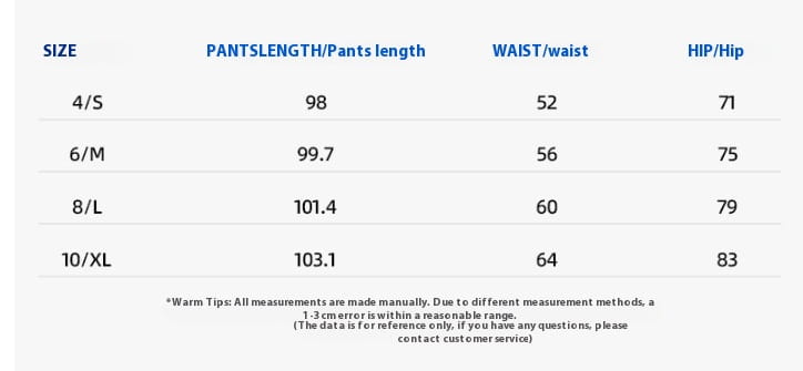 Guide des tailles pour les leggings évasés taille haute à volants, indiquant des mesures en pouces selon les tailles 4/S à 10/XL.