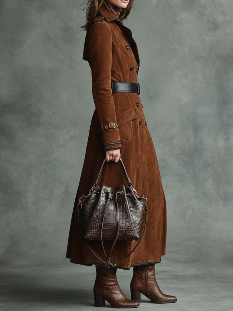 Brauner Suède-Trenchcoat mit schwarzem Gürtel und passenden braunen Lederschuhen, frontal dargestellt als Teil des Produkts „Damen-Suède-Trenchcoat Braun mit Revers, langem Jackenstil“.