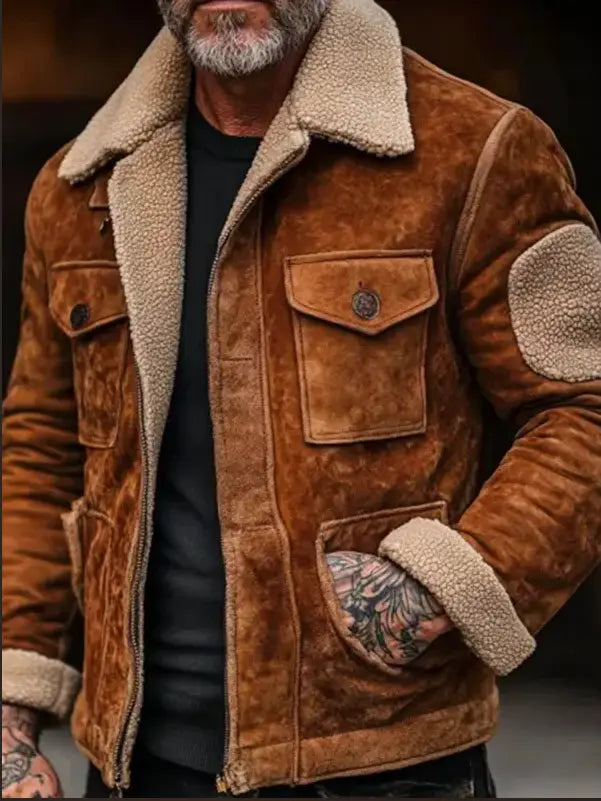 Men’s shearling lapel zip jacket in brown suede with tan fleece lining and patchwork detailing.