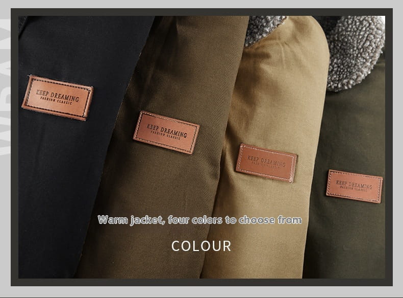 Mens fleece lined winter cotton jacket in black olive green and beige featuring a brown leather patch with keep dreaming on the chest.