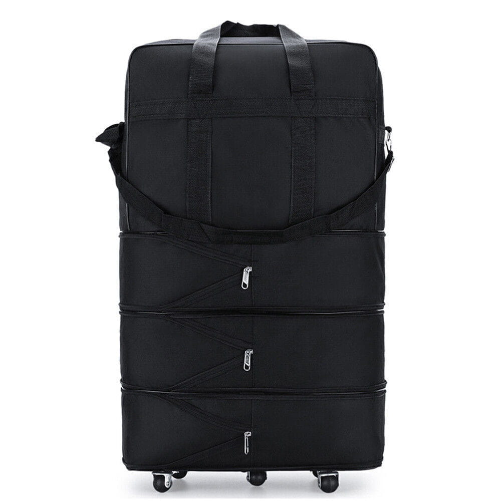 black 42 inch expandable lightweight rolling travel suitcase with sturdy fabric exterior and four wheels for easy maneuverability