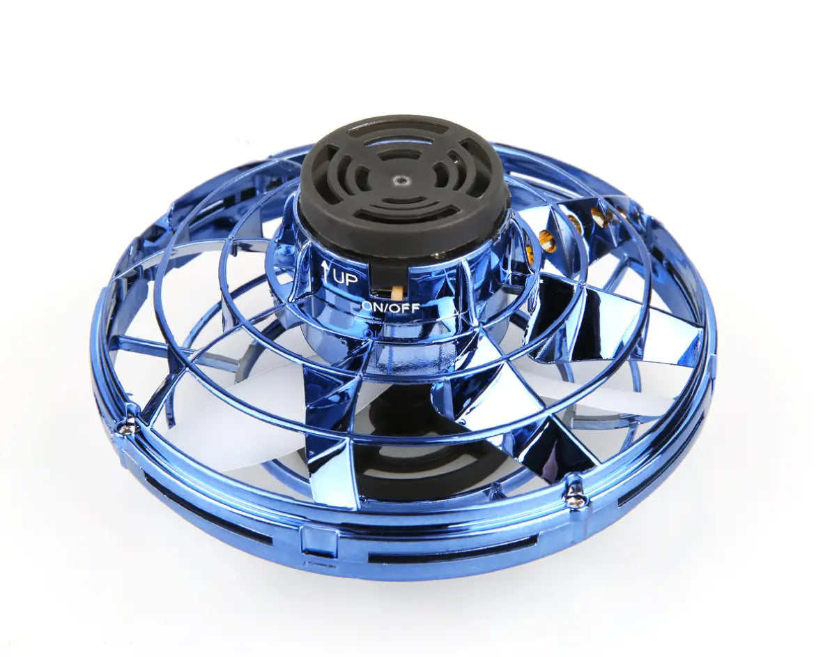 Blue metallic flying ufo spinner led mini drone with black central control unit and visible up and on/off buttons for fingertip gyro toy use.