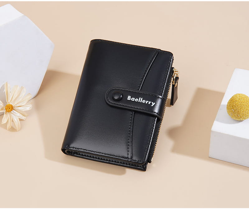 Cartera de mujer Baellerry negra hecha de cuero PU con acabado elegante, con cremallera con tono dorado.