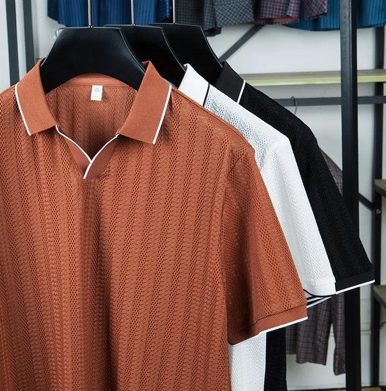 Men’s rust-colored textured ice silk mesh polo shirt with white-trimmed collar and sleeve cuffs.