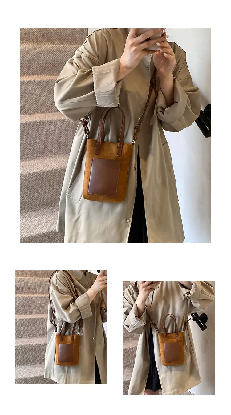 Tan and brown leather retro leopard print suede mini bucket crossbody bag with a front flap closure