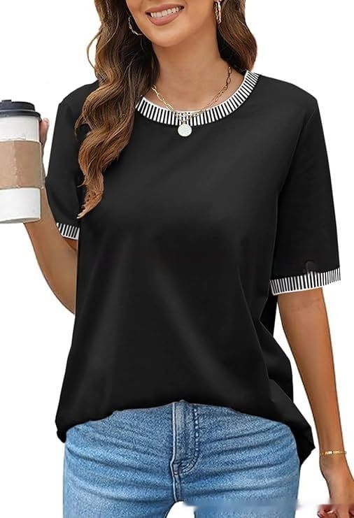 Women’s black short-sleeved knit top with white and black striped collar and ruffle trim on sleeve cuffs.