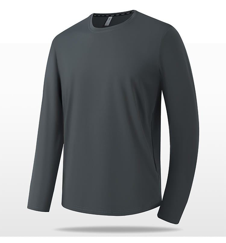 Camiseta de manga larga y cuello redondo tipo crew sólida en color gris oscuro, confeccionada con una tela lisa y ligera, adecuada para el uso casual
