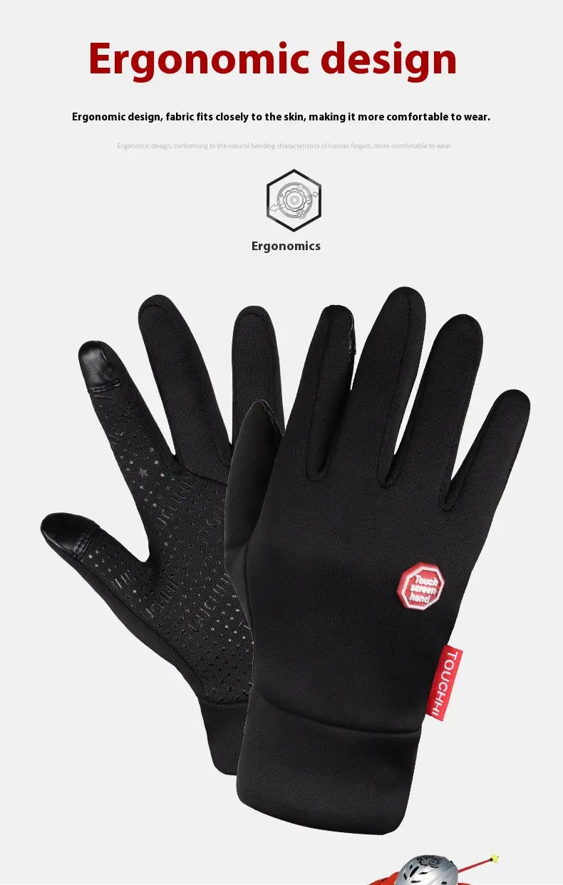 Black usb heated cycling touchscreen gloves with textured palm and fingertips and touchh logo on the wristband shown from the back side
