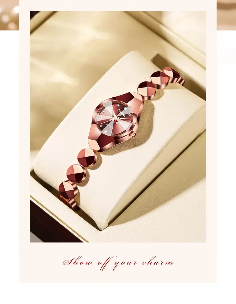 rose gold geometric faceted bracelet watch with diamond accents featuring a strap made of multiple rounded faceted beads