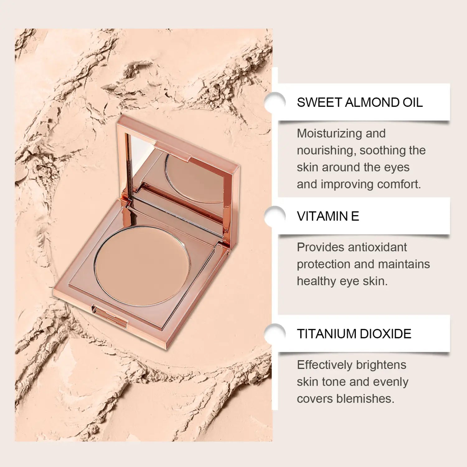 Rose gold compact eye concealer for sensitive skin with smooth creamy beige product inside for creamy coverage.