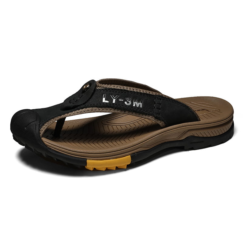 Men’s leather beach sandals outdoor sport flip flops in black and brown with a textured rubber sole, yellow accent on the heel, and a black strap featuring ly-3m branding.
