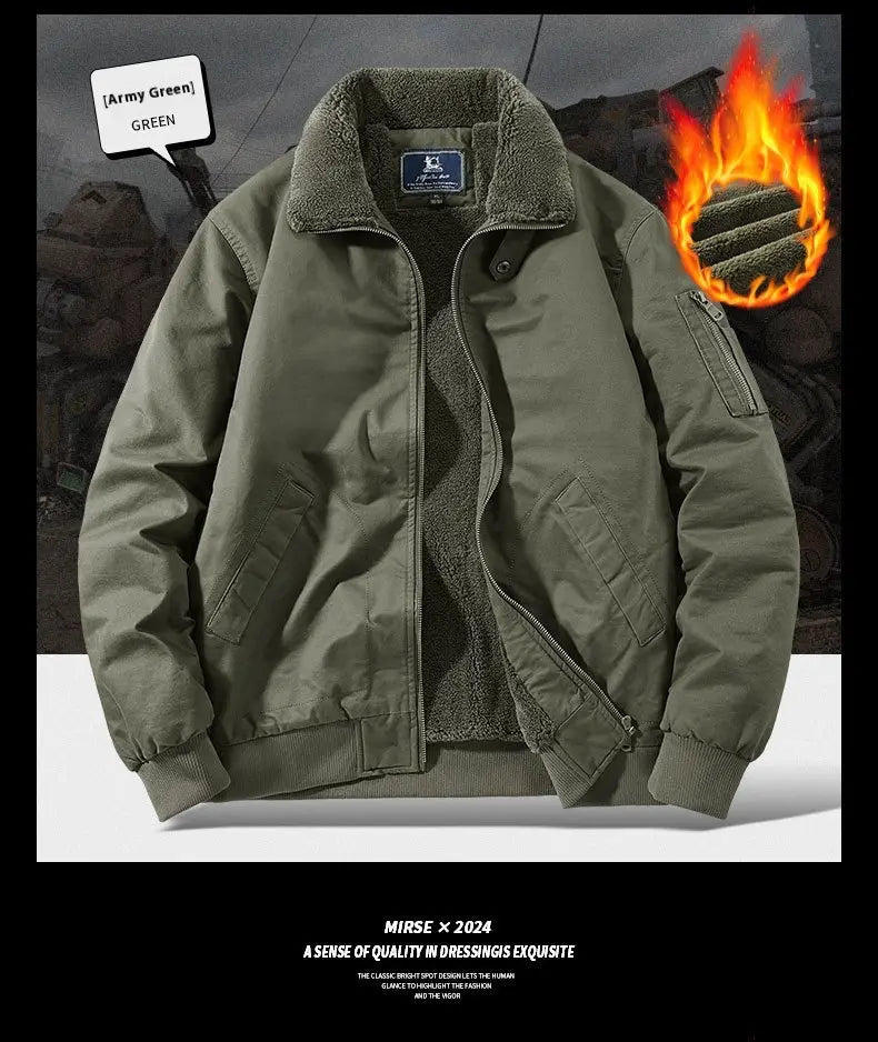 men cotton shearling bomber jacket in army green with a plush fleece-lined collar and cuffs made from cotton for warmth and style.