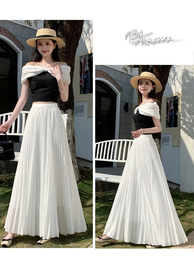 Weißer plissierter Chiffon-Maxirock für Damen mit fließendem, leichtem Stoff und elegantem Design