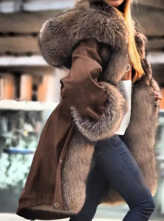 Une veste-coat ample en fausse fourrure brune, avec doublure en fausse fourrure et capuche surdimensionnée, présentant une capuche texturée et des poignets assortis.
