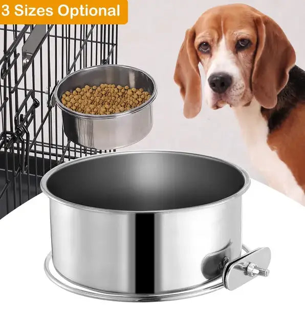 Mangeoire pour chien en acier inoxydable pour caisse, munie d’un mécanisme de serrage sécurisé et d’une finition réfléchissante élégante, conçue pour suspendre des gamelles pour animaux.