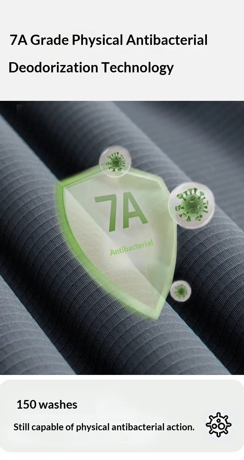 a pair of sleek dark gray ice silk antibacterial casual sweatpants featuring a glossy green shield emblem with 7a antibacterial protection and floating microbe illustrations