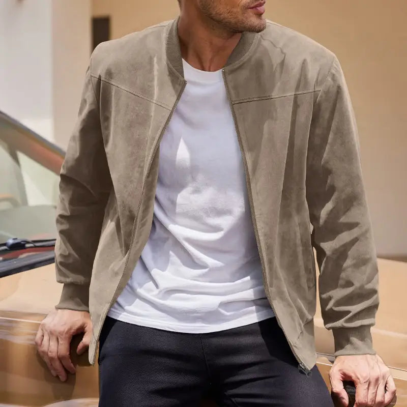Beige suede men casual retro bomber jacket with a front zipper and ribbed cuffs.