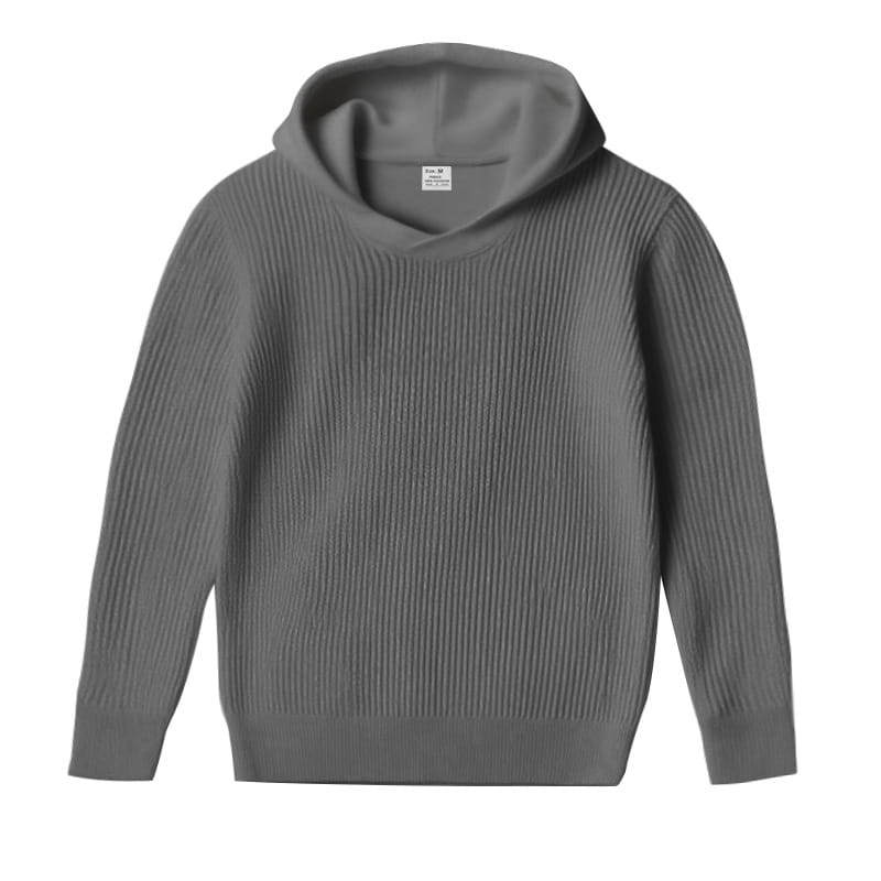 Sudadera tipo jersey para hombre de invierno engrosada en color gris, que presenta un tejido de punto acanalado con una sensación texturizada suave y una capucha acogedora.