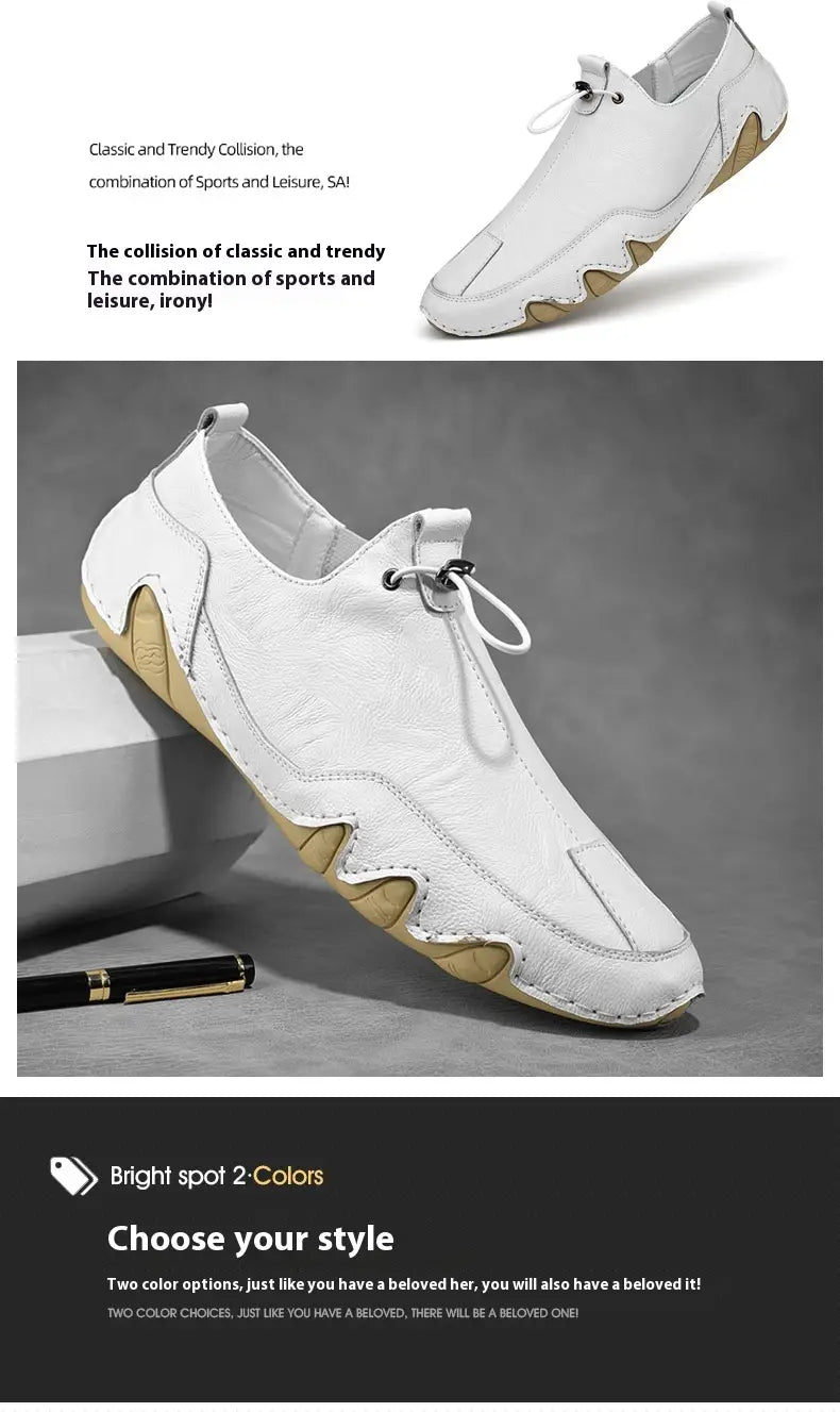 Chaussures de sport décontractées à enfiler pour homme en cuir véritable blanc, avec une semelle en caoutchouc beige ondulée et des détails à laçage.