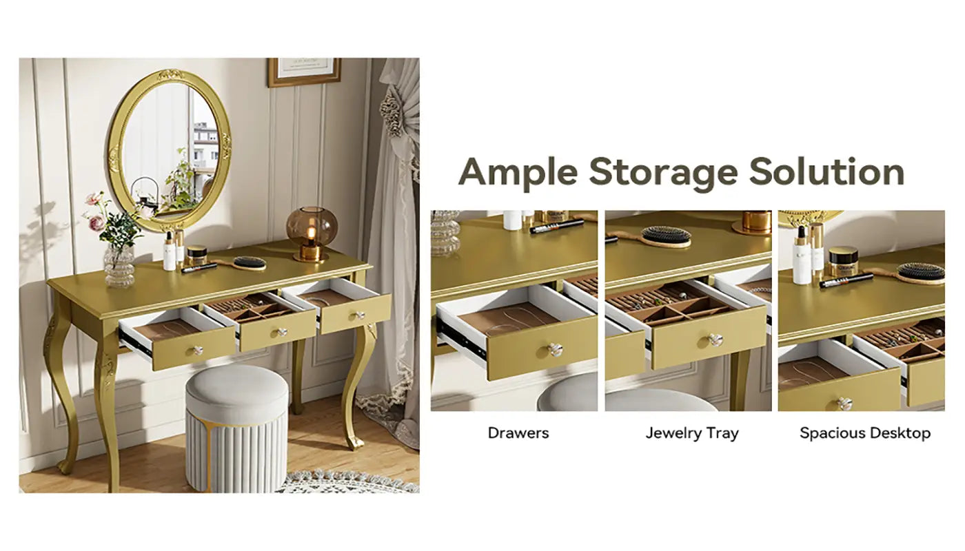 gold finished makeup vanity desk with oval mirror and three drawers featuring curved legs and a round mirror above the tabletop