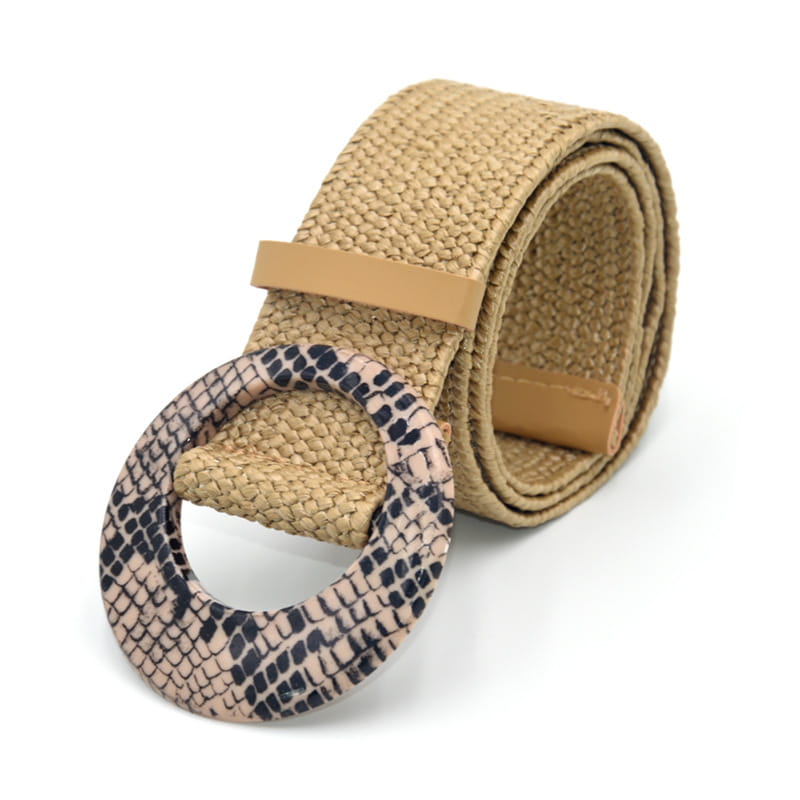 Beige woven elastic belt featuring a circular snake-print buckle for stylish and flexible wear.