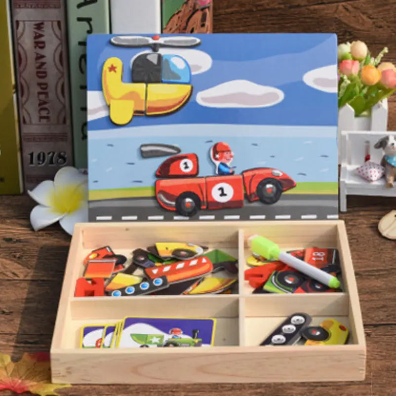 Juguete educativo Montessori de madera con caja de rompecabezas magnética, con piezas de rompecabezas magnéticas de colores con forma de helicóptero y coche de carreras dentro de una caja de almacenamiento de madera.
