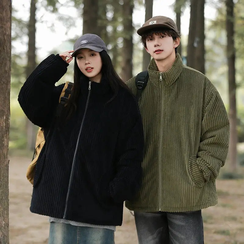 Black corduroy puffer jacket for couples with a high collar ribbed cuffs and zip-up front.