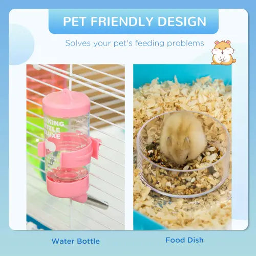 pink plastic water bottle with clear glass sections and metal spout attached to pawhut 5 tier hamster cage with tunnels