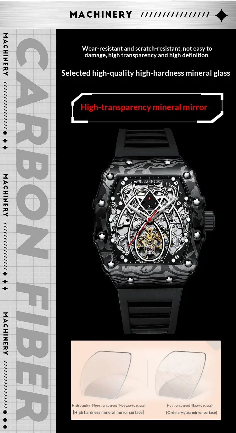 Men’s barrel skeleton automatic mechanical sport watch featuring black carbon fiber case with high-transparency mineral mirror and visible intricate mechanical movement through the face.