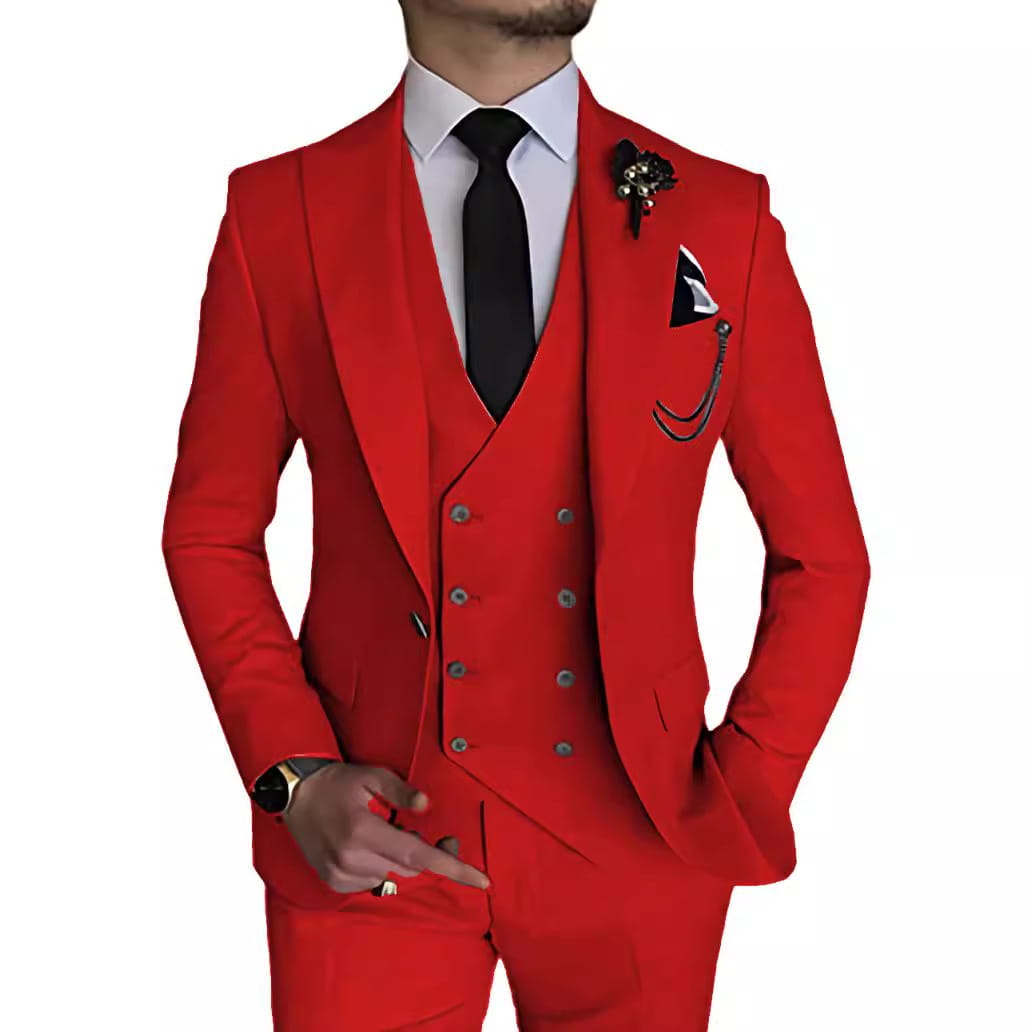 Men slim fit three piece suit featuring a vibrant red double-breasted vest and matching trousers designed for formal occasions