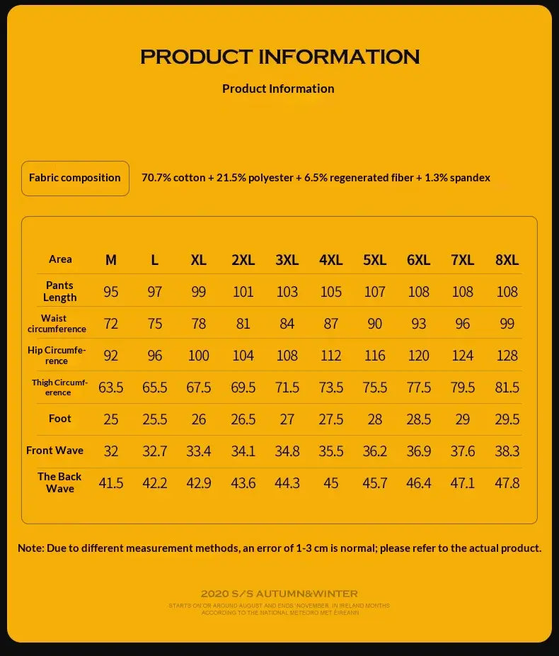 This is a product information label for 2020 s/s autumn and winter men’s relaxed fit denim joggers with drawstring waist detailing fabric composition and sizing measurements.