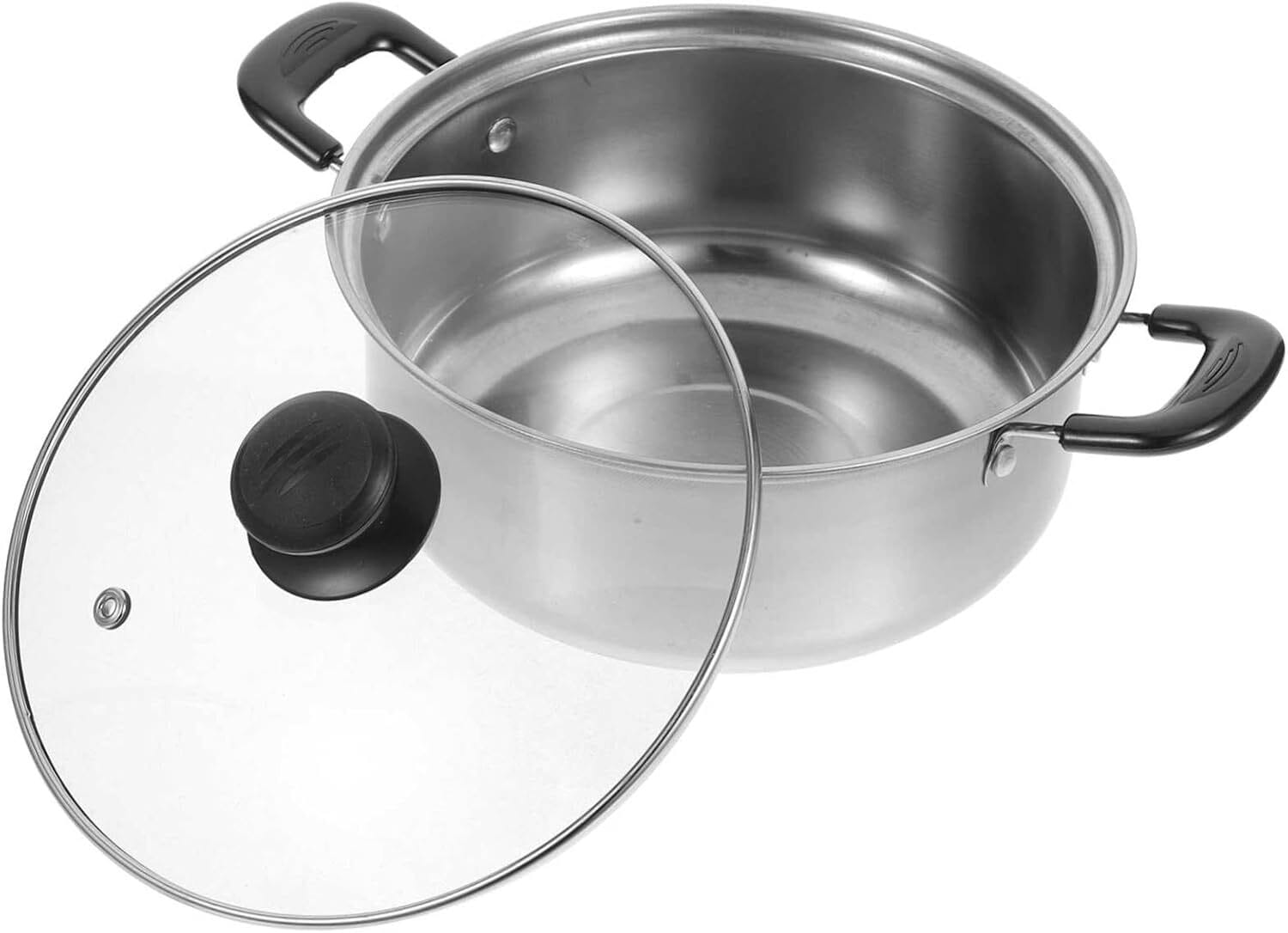 Stainless steel induction cookware set 5 pieces featuring a stainless steel pot with black plastic handles and a clear glass lid with a black knob.