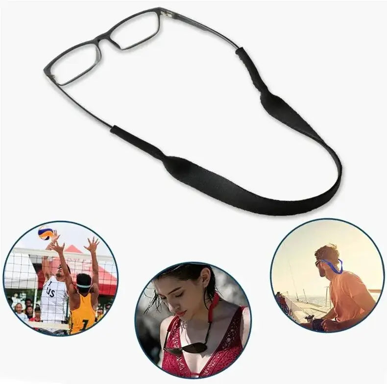 black fabric eyeglass strap with adjustable elastic sections designed for sports sunglasses and eyewear lanyards in a 4-pack set.