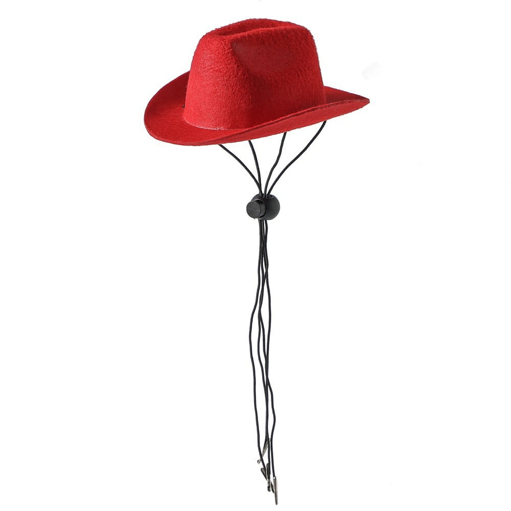 A vibrant red felt pet cowboy hat with a black adjustable chin strap designed for dogs and cats.