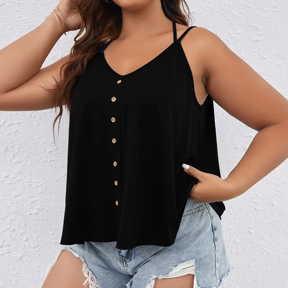 Black button front v-neck tank top plus size featuring thin straps, gold buttons, and sleeveless design.