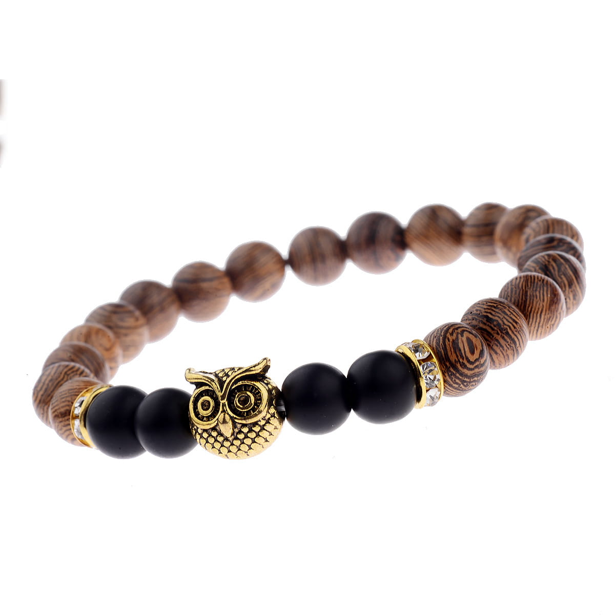 A stylish wooden and black bead bracelet featuring a central gold owl charm with intricate detailing and small metallic bead accents.