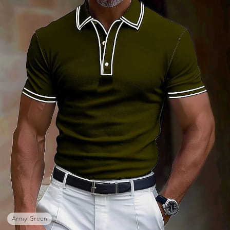 Men’s business casual modal polo shirt in army green with white contrast trim on collar and sleeve cuffs.
