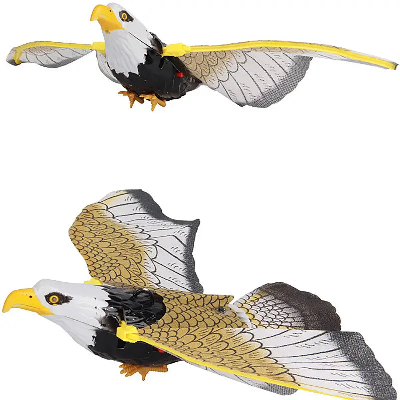 Interactive flying bird cat toy featuring a detailed plastic eagle with a white head, black body, yellow beak and talons, and wings with gray, brown, and gold feather patterns.