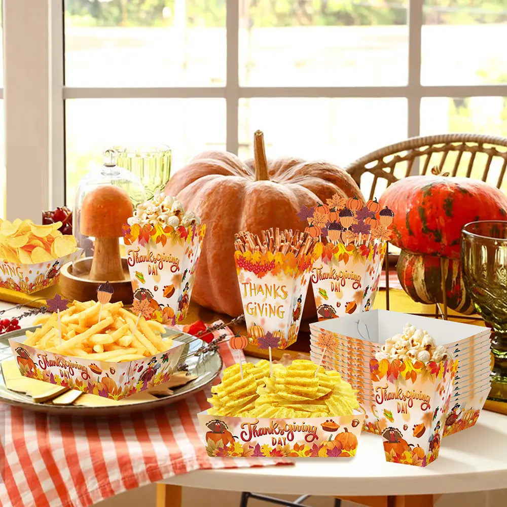 thanksgiving pumpkin paper plates and tableware set featuring paper food containers with autumn leaf and pumpkin designs in orange yellow and brown tones for festive dining.