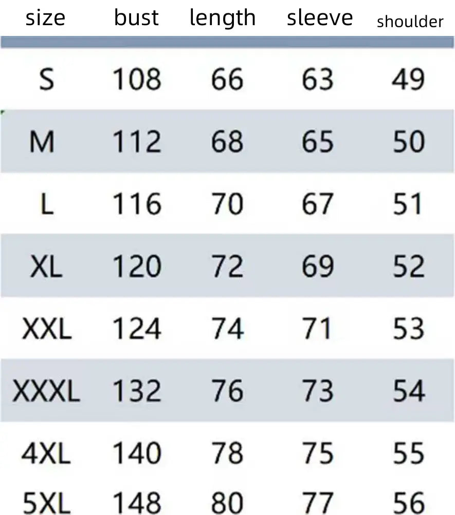 Size chart for a men’s ribbed corduroy half zip pullover hoodie displaying women’s garment measurements in centimeters across sizes s through 5xl.